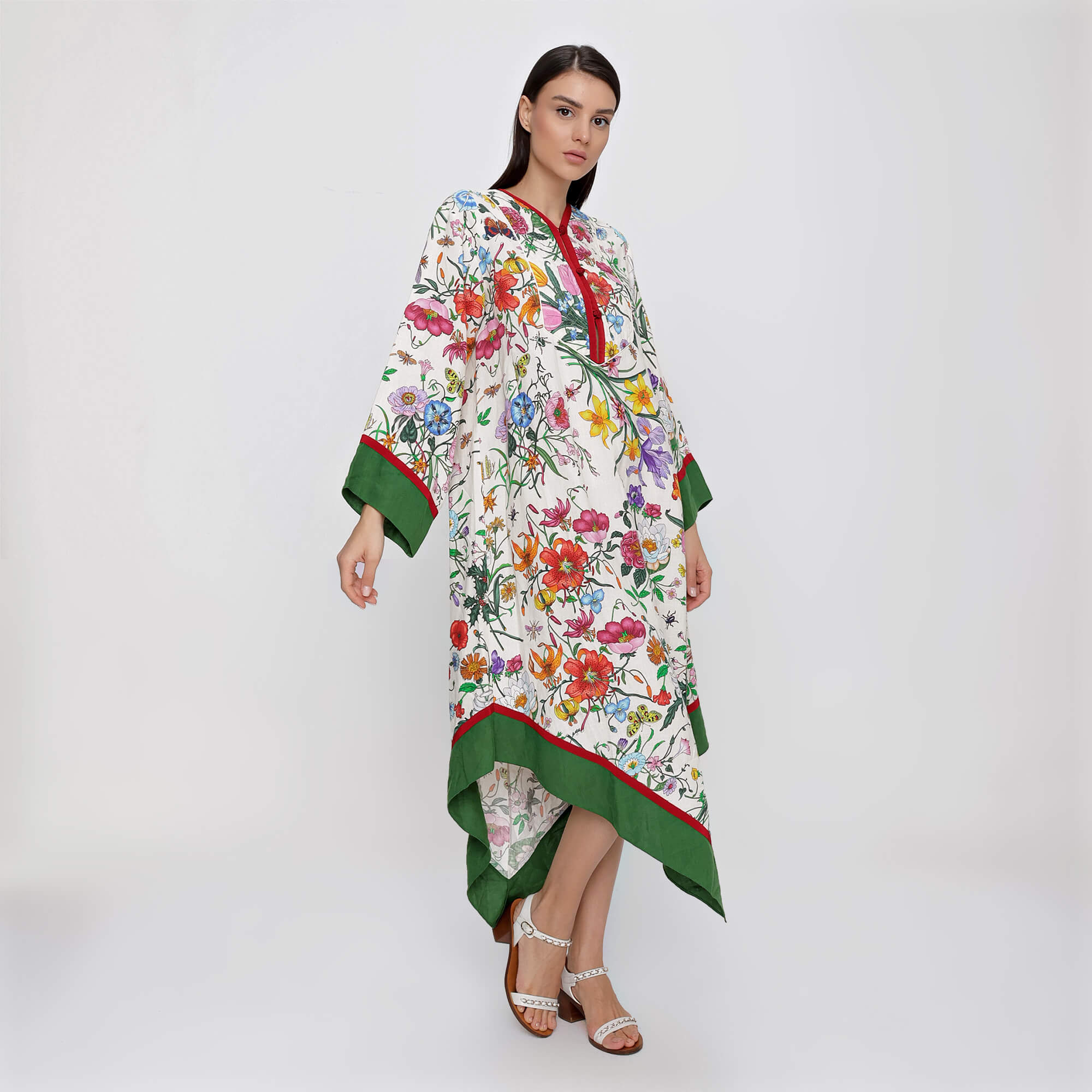 Gucci - Multicolour Linen Floral Print Green Trim Kaftan